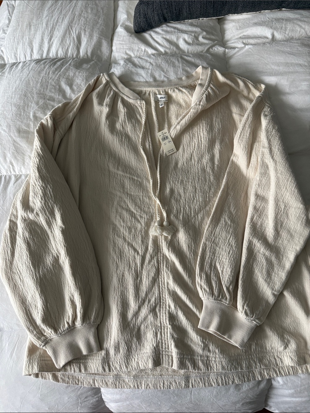 aerie Cream Long-Sleeve Peasant Tunic with Tassel Tie